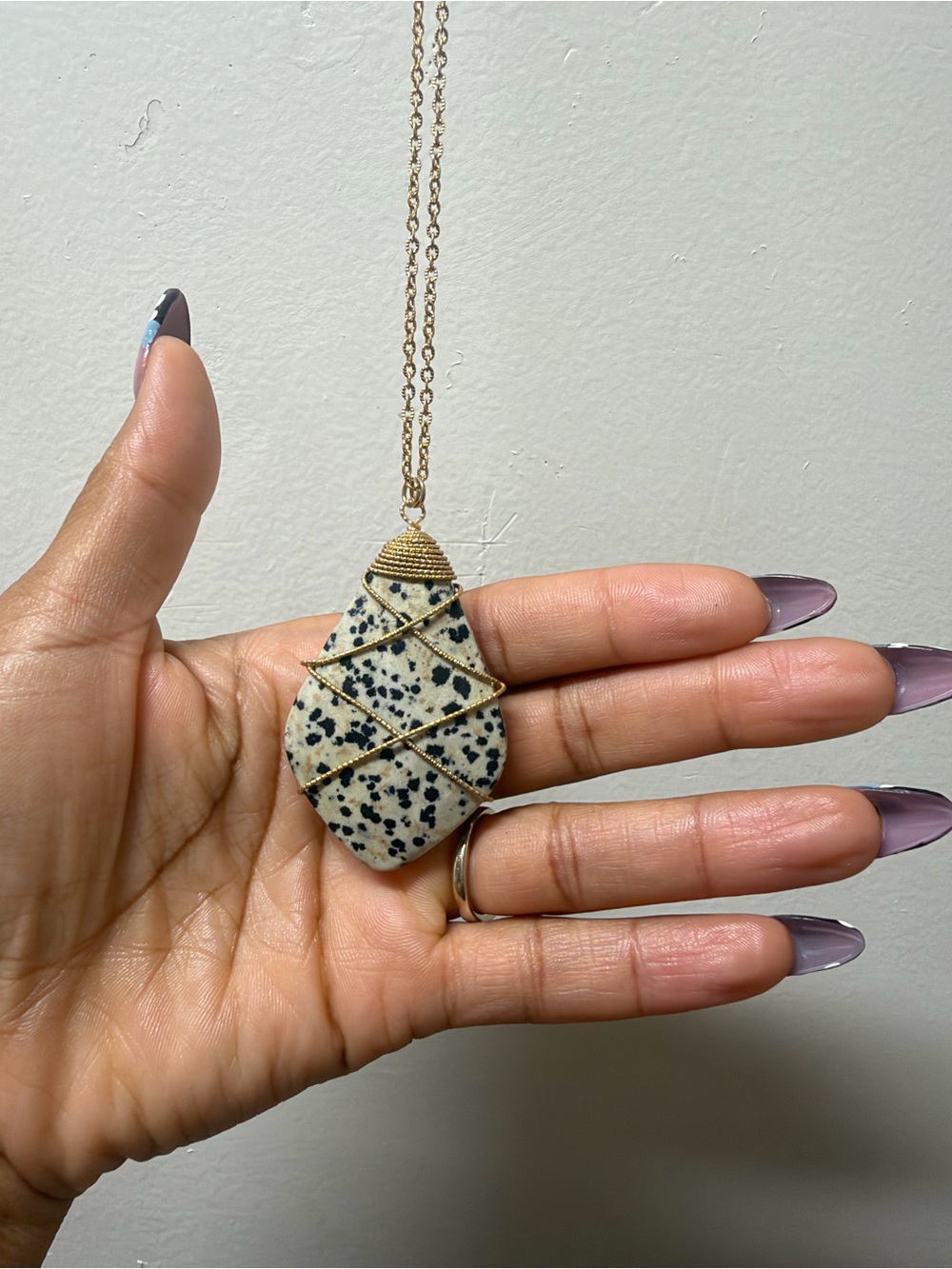 Gold-Wrapped Dalmatian Jasper Teardrop Necklace in Cream & Black